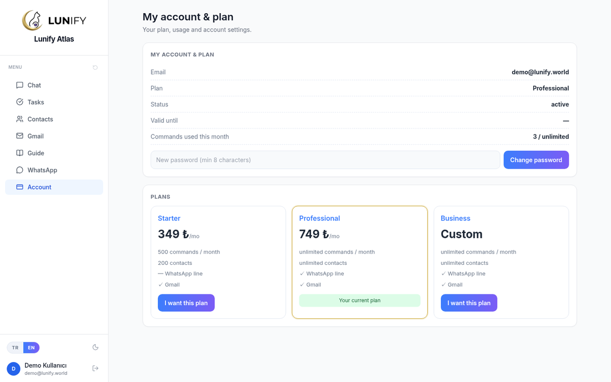 Account: your plan, monthly usage and upgrade options.