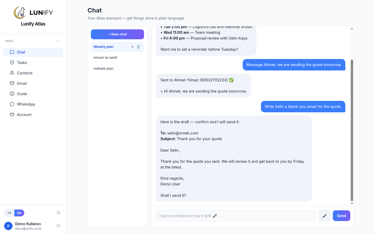 Chat screen: conversation list on the left, the thread in the middle, command box and microphone below.