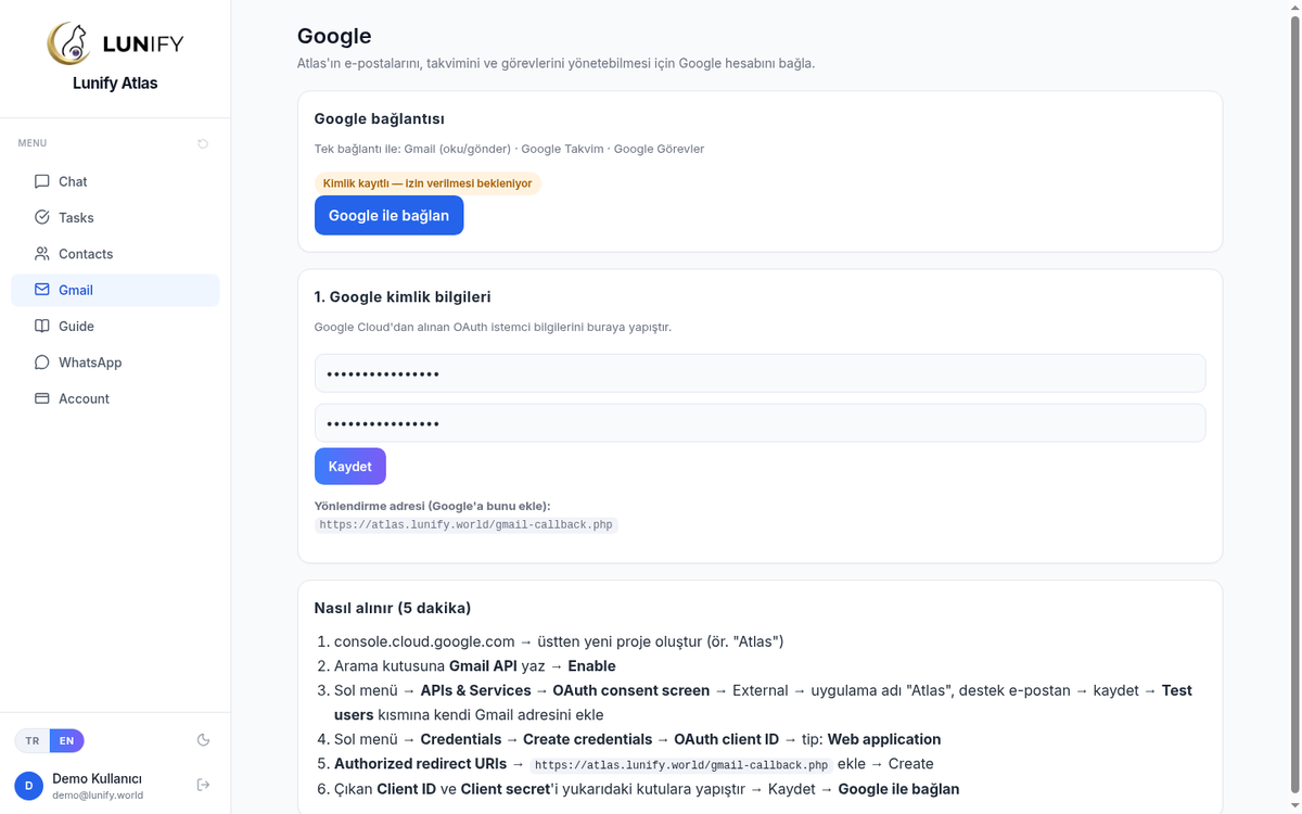 Google connection: one consent enables Gmail, Calendar and Tasks.