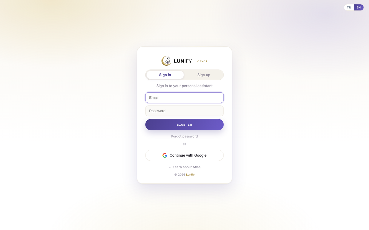 Sign-in screen — email/password or Continue with Google.
