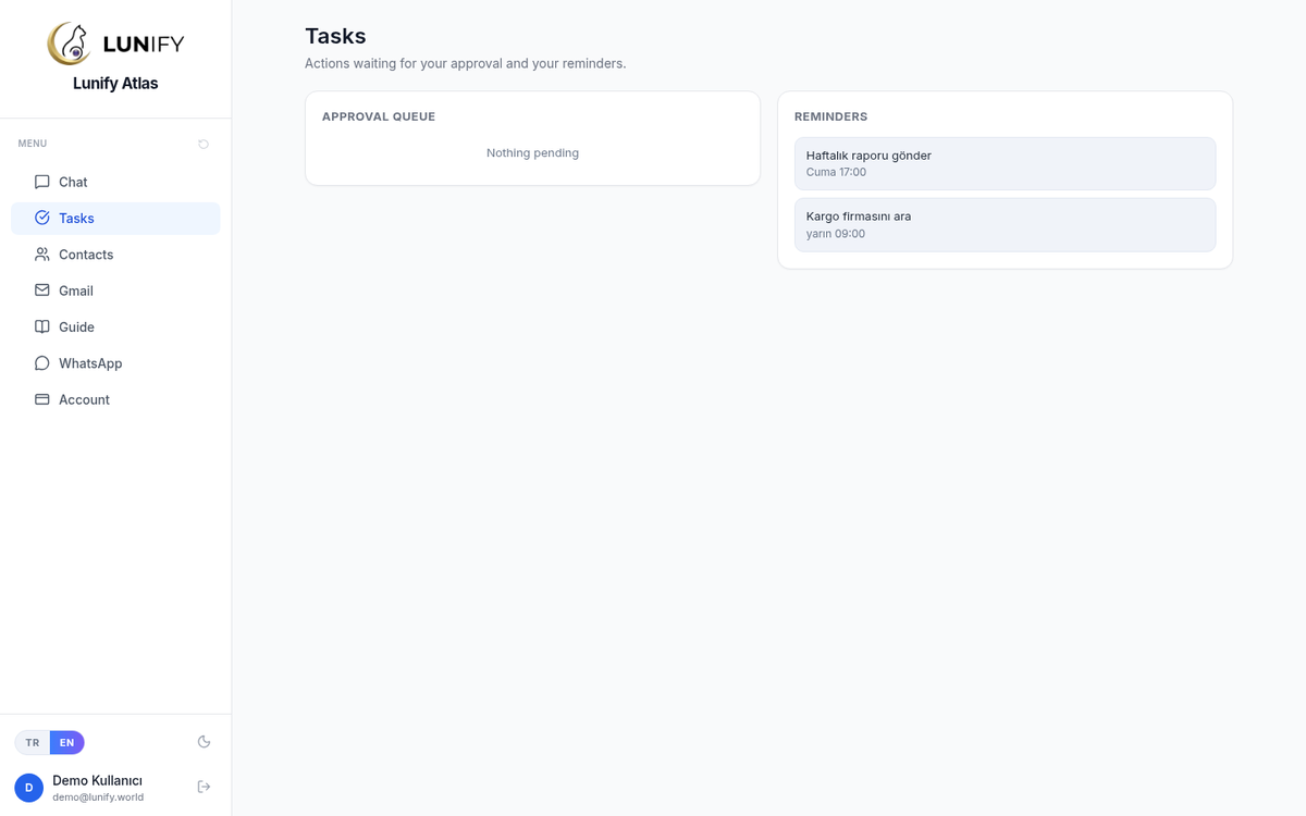 Tasks page: pending actions and your reminders.