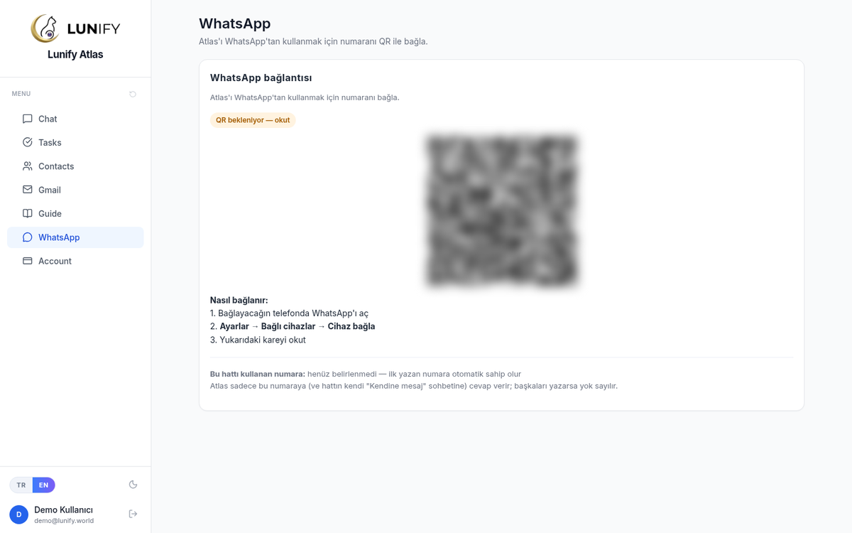 WhatsApp page: scan the QR code with your phone; the line owner is shown below.