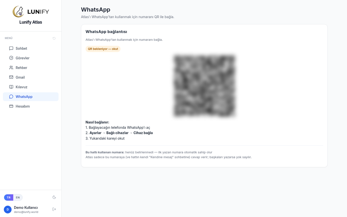 WhatsApp sayfası: karekodu telefonundan okut; altta hattın sahibi görünür.